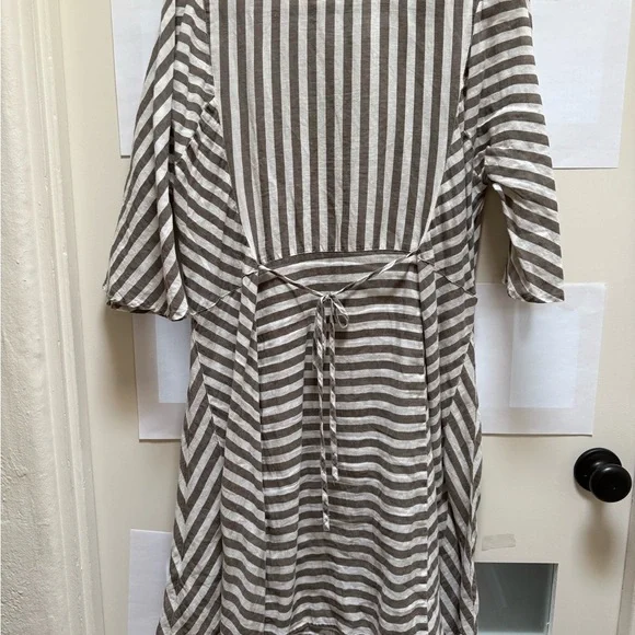 Gudrun Sjoden Oatmeal Gray & Cream Striped Cotton Dress with 3/4 Sleeves. Size L - Picture 4 of 8
